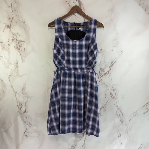 Hot Topic Dress Womens Medium Purple Plaid Cutout Skater Tank Mini Grunge Y2K - Picture 1 of 13